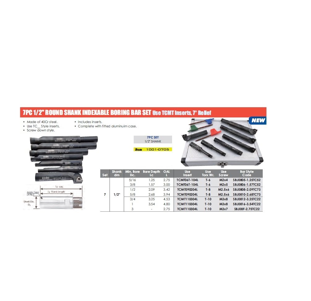 7 PIECE 1/2 INCH ROUND SHANK INDEXABLE BORING BAR SET (1001-0705) - Image 5