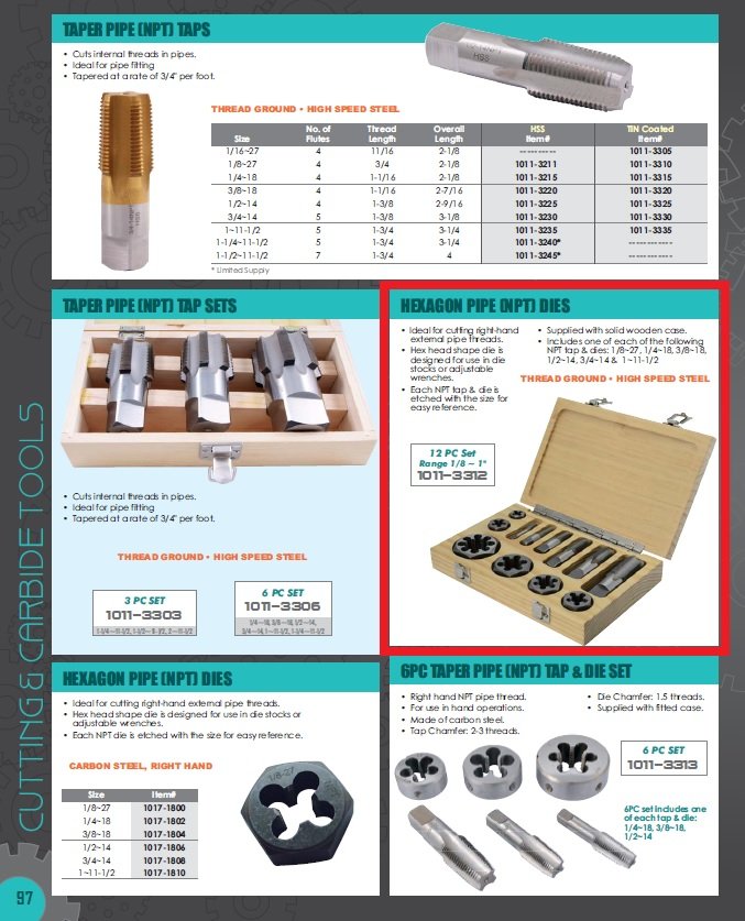 12 PIECE NPT TAPER PIPE TAP & HEX DIE SET (1/8~1 INCH) (1011-3312) - Image 2