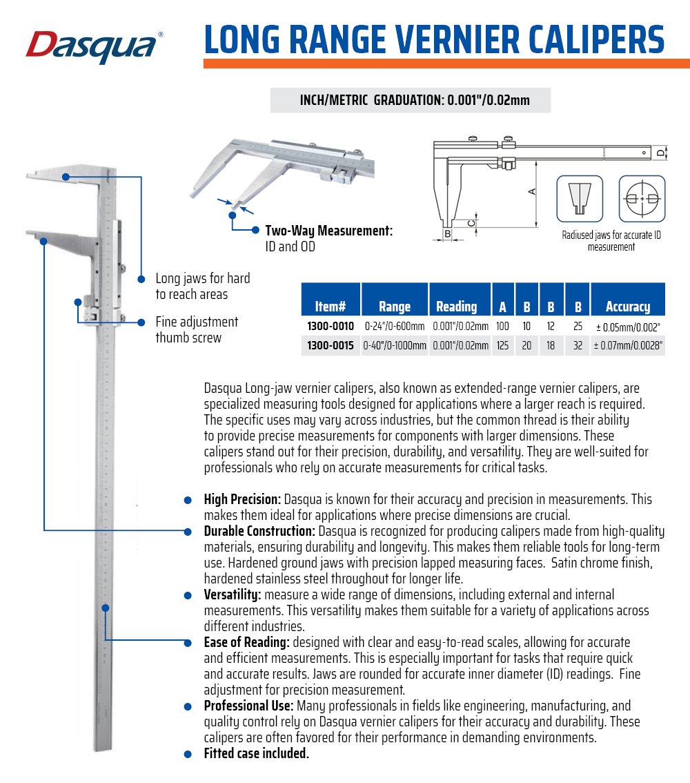 DASQUA 0-600MM/0-24 INCH JAW LENGTH 100MMVERNIER CALIPER WITH FINE ADJUSTMENT (1300-0010) - Image 11