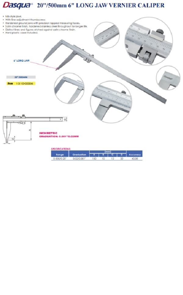 20 INCH/500MM LONG JAW 6IN VERNIER CALIPER (1310-0006)