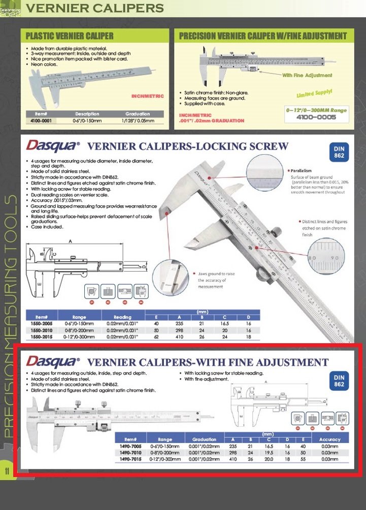 DASQUA 0-150MM / 0-6 INCH STAINLESS STEEL VERNIER CALIPER WITH FINE ADJUST (1490-7005) - Image 8