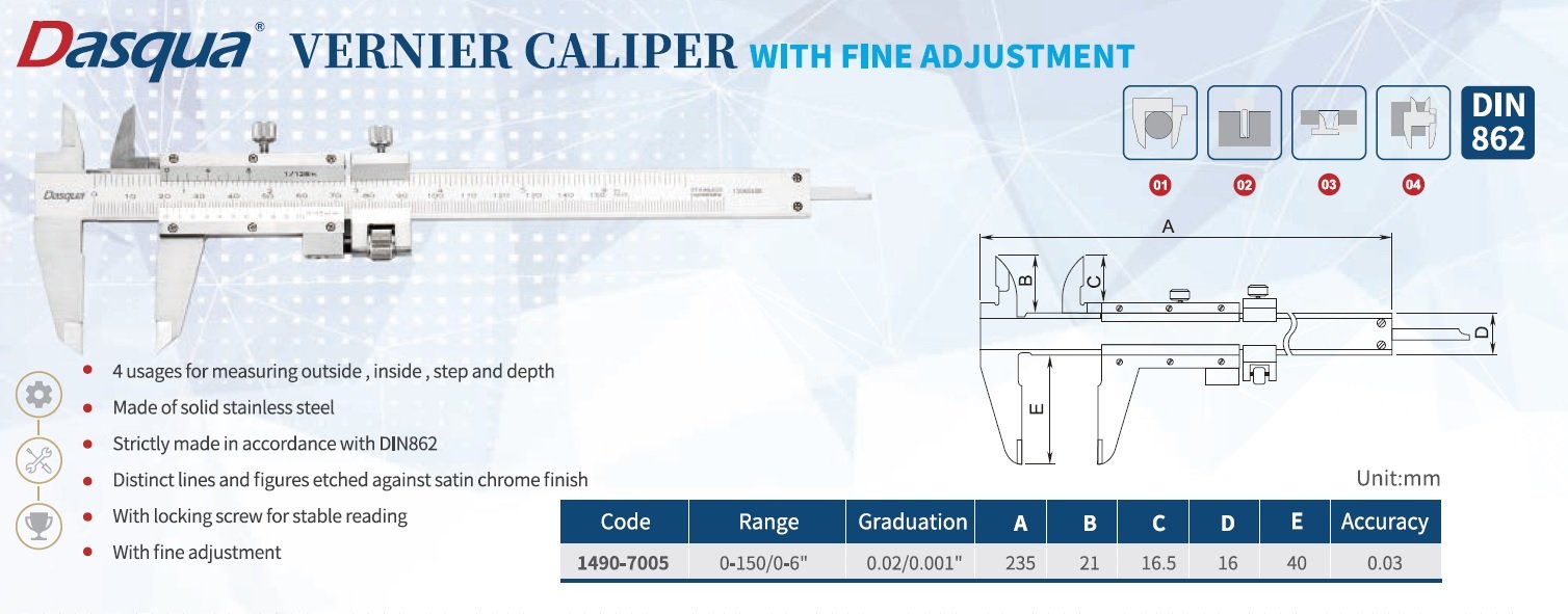 DASQUA 0-150MM / 0-6 INCH STAINLESS STEEL VERNIER CALIPER WITH FINE ADJUST (1490-7005) - Image 7