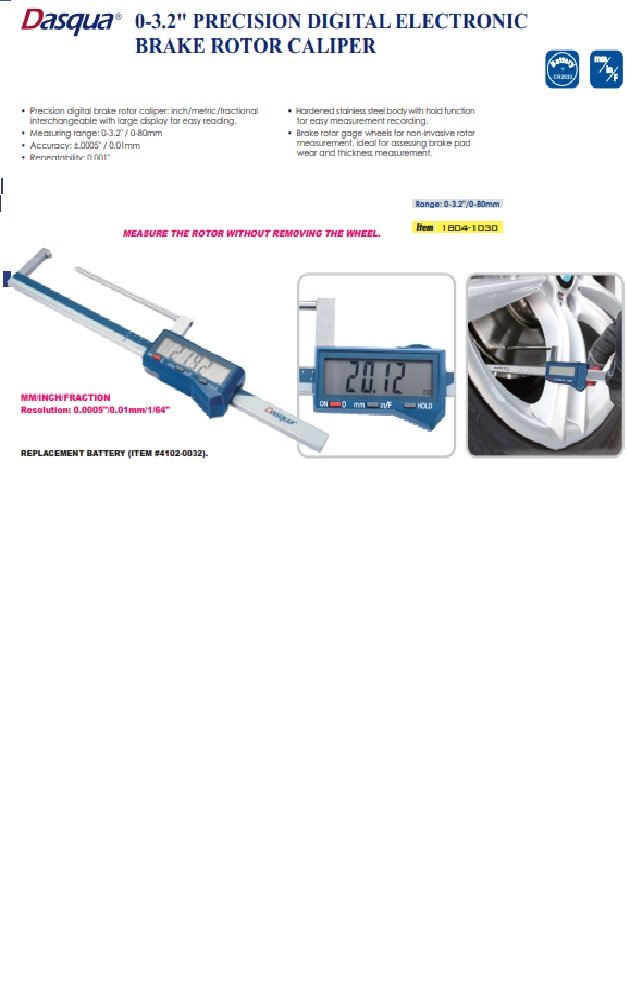 DASQUA 0-3.2 INCH BRAKE ROTOR GUAGE WHEELS ON ELECTRONIC CALIPER (1804-1030) - Image 8