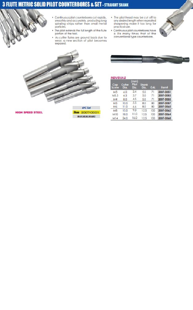M3 X 3.4MM HSS 3 FLUTE STRAIGHT SHANK SOLID PILOT COUNTERBORE (2007-0051) - Image 3