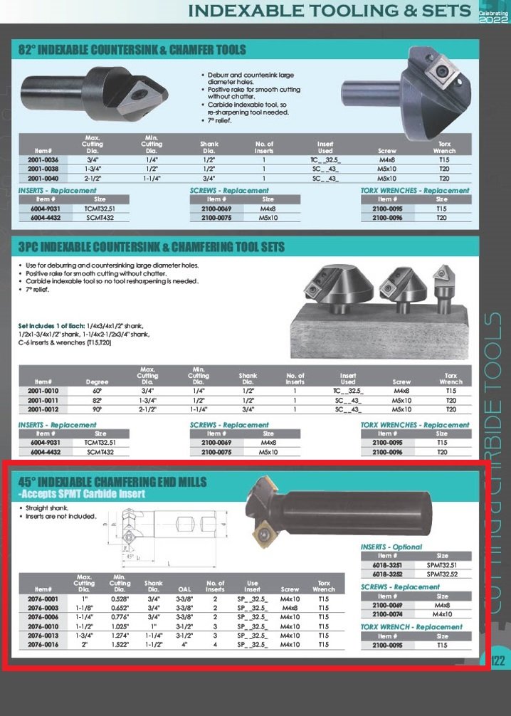 45 DEGREE 1-3/4" X 1-1/4 SHANK 3-INSERT INDEXABLE CHAMERING END MILL (2076-0013) - Image 7