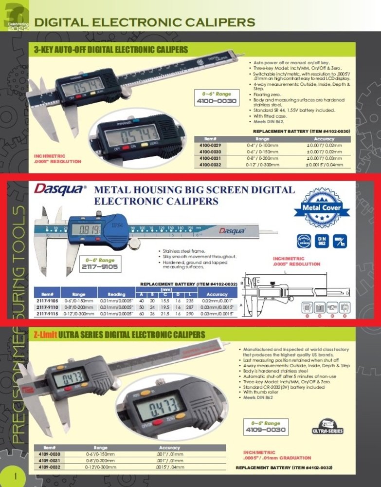 DASQUA 0-200MM/0-8" METAL HOUSING LARGE SCREEN DIGITAL CALIPER (2117-9110) - Image 6