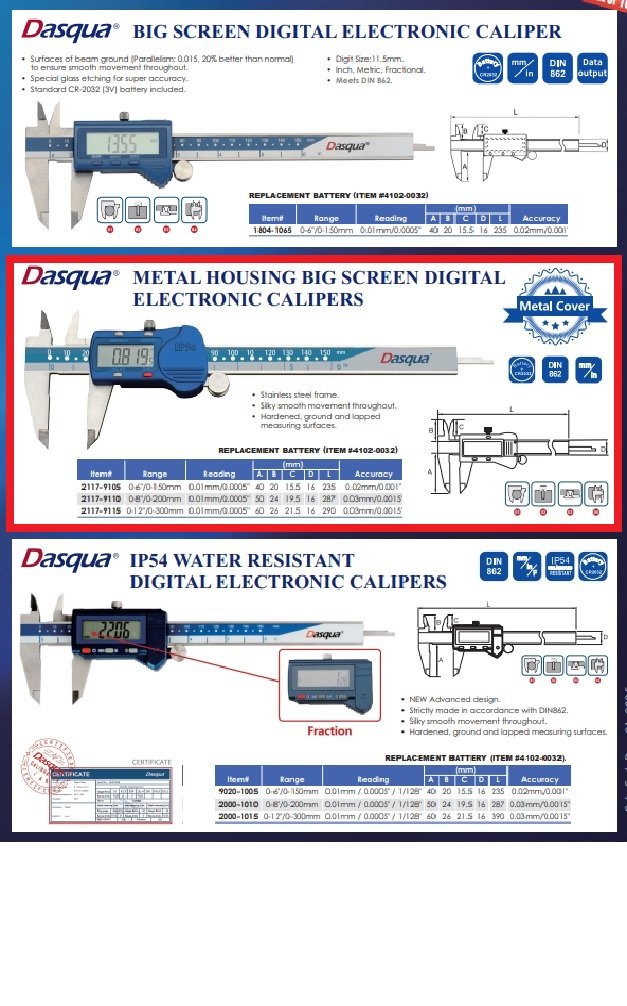 DASQUA 0-200MM/0-8" METAL HOUSING LARGE SCREEN DIGITAL CALIPER (2117-9110) - Image 10