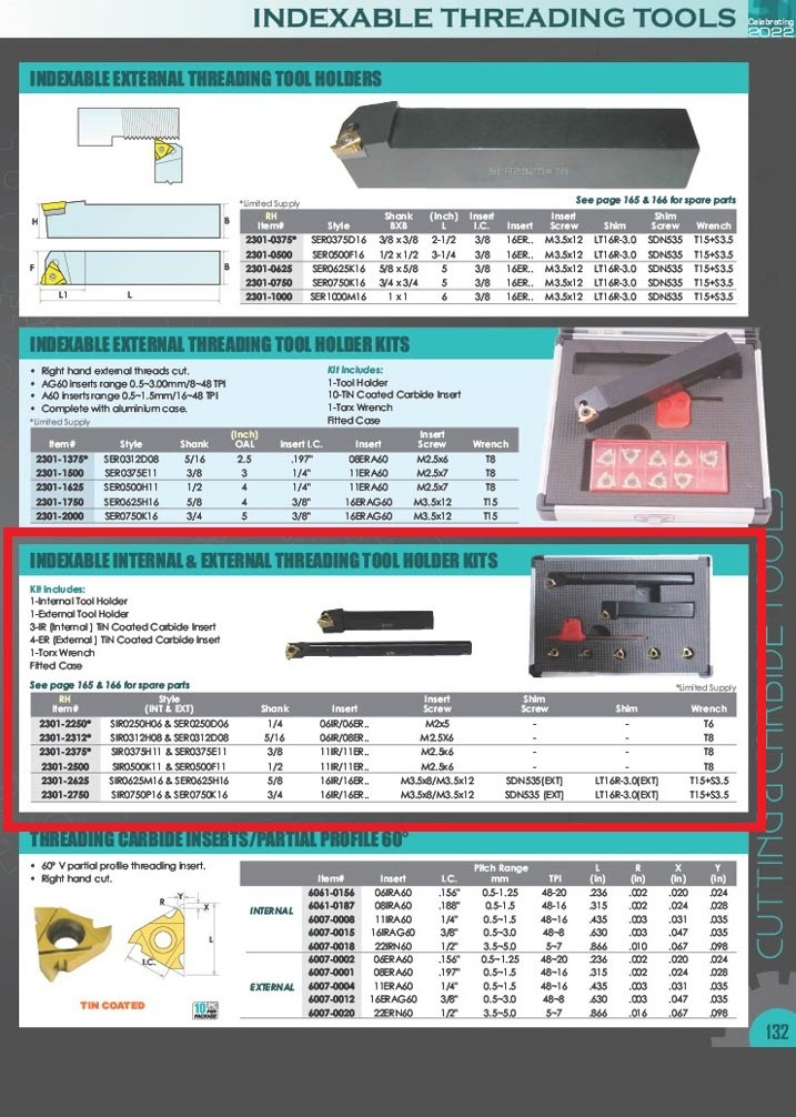 3/4 INTERNAL&EXTERNAL INDEXABLE THREADING TOOL HOLDER & INSERT KIT (2301-2750) - Image 3