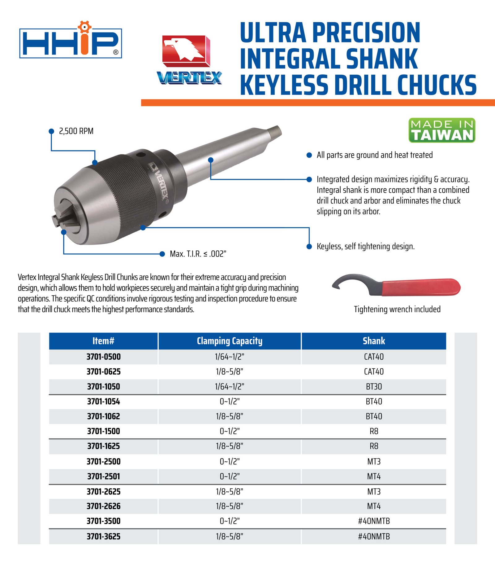 VERTEX 1/64-1/2" CAT 40 V-FLANGE INTEGRATED KEYLESS DRILL CHUCK (3701-0500) - Image 2