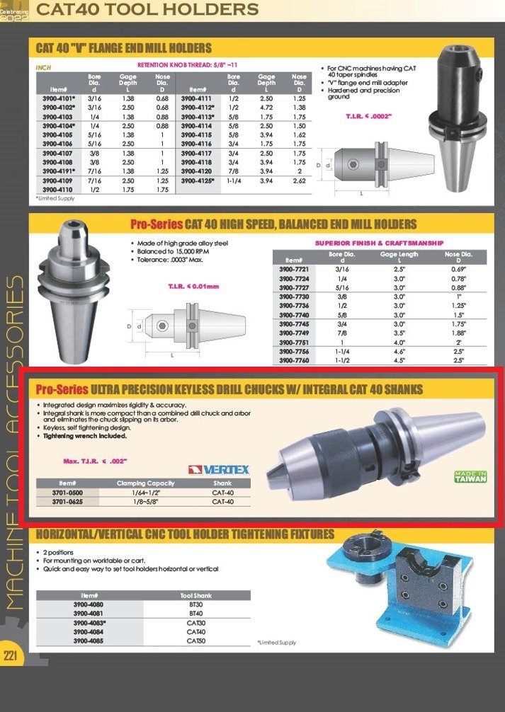 VERTEX 1/64-1/2" CAT 40 V-FLANGE INTEGRATED KEYLESS DRILL CHUCK (3701-0500) - Image 16