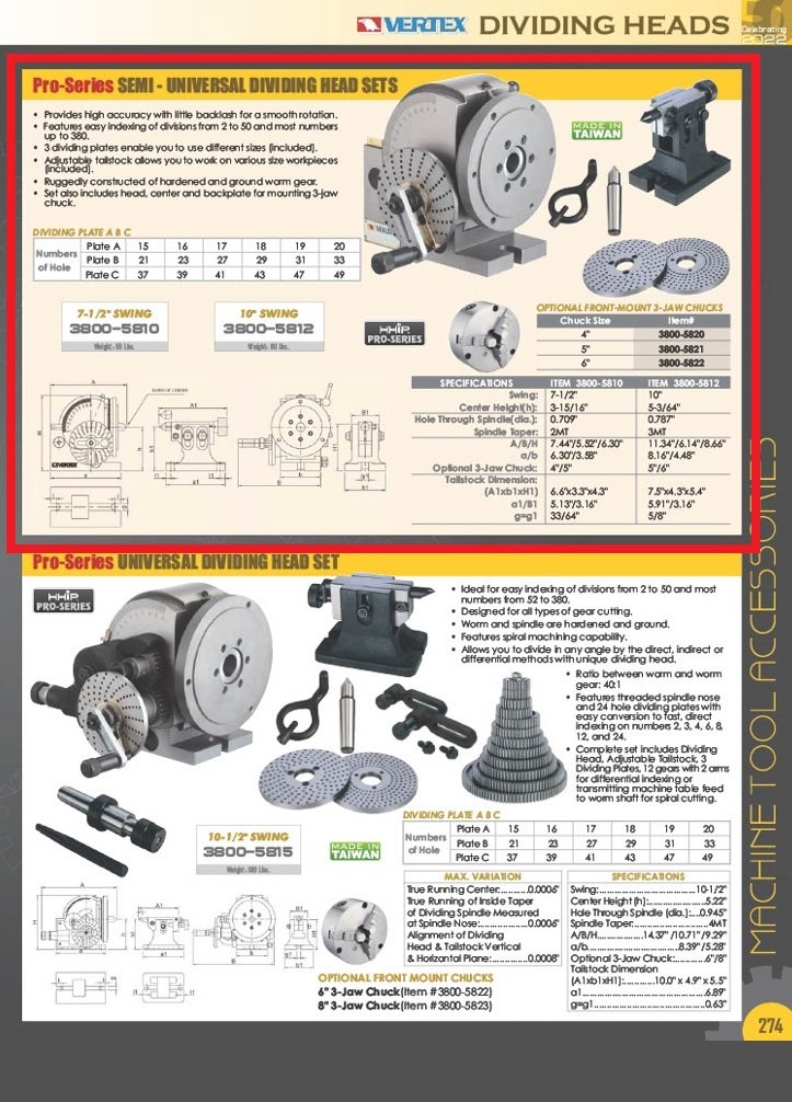 VERTEX 10" SEMI-UNIVERSAL DIVIDING HEAD SET (3800-5812) - Image 7