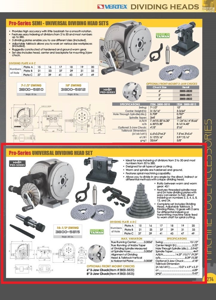 VERTEX 10-1/2" UNIVERSAL DIVIDING HEAD SET (3800-5815) - Image 9