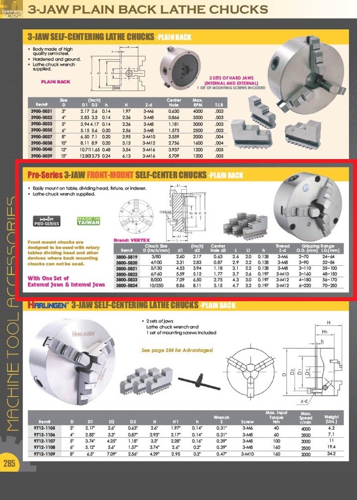 VERTEX 3" 3-JAW FRONT MOUNT LATHE CHUCK 2 SETS OF JAWS (3800-5819) - Image 4