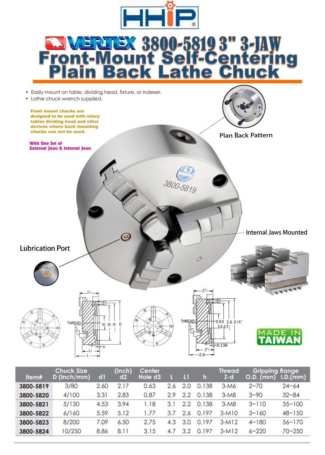 VERTEX 3" 3-JAW FRONT MOUNT LATHE CHUCK 2 SETS OF JAWS (3800-5819) - Image 3