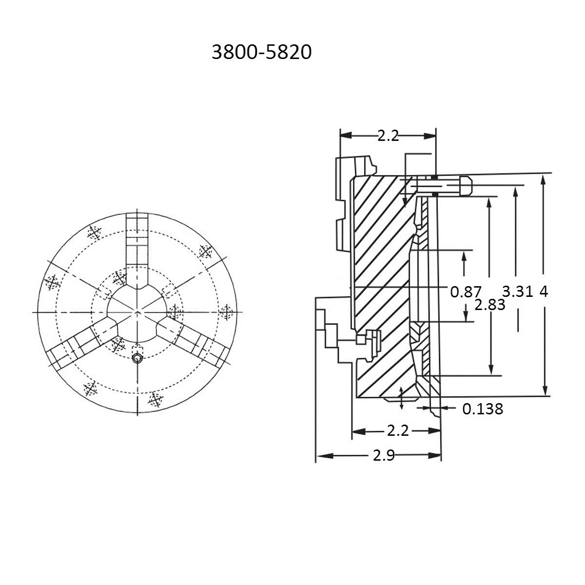 VERTEX 4" 3-JAW FRONT MOUNT LATHE CHUCK 2 SETS OF JAWS (3800-5820) - Image 2