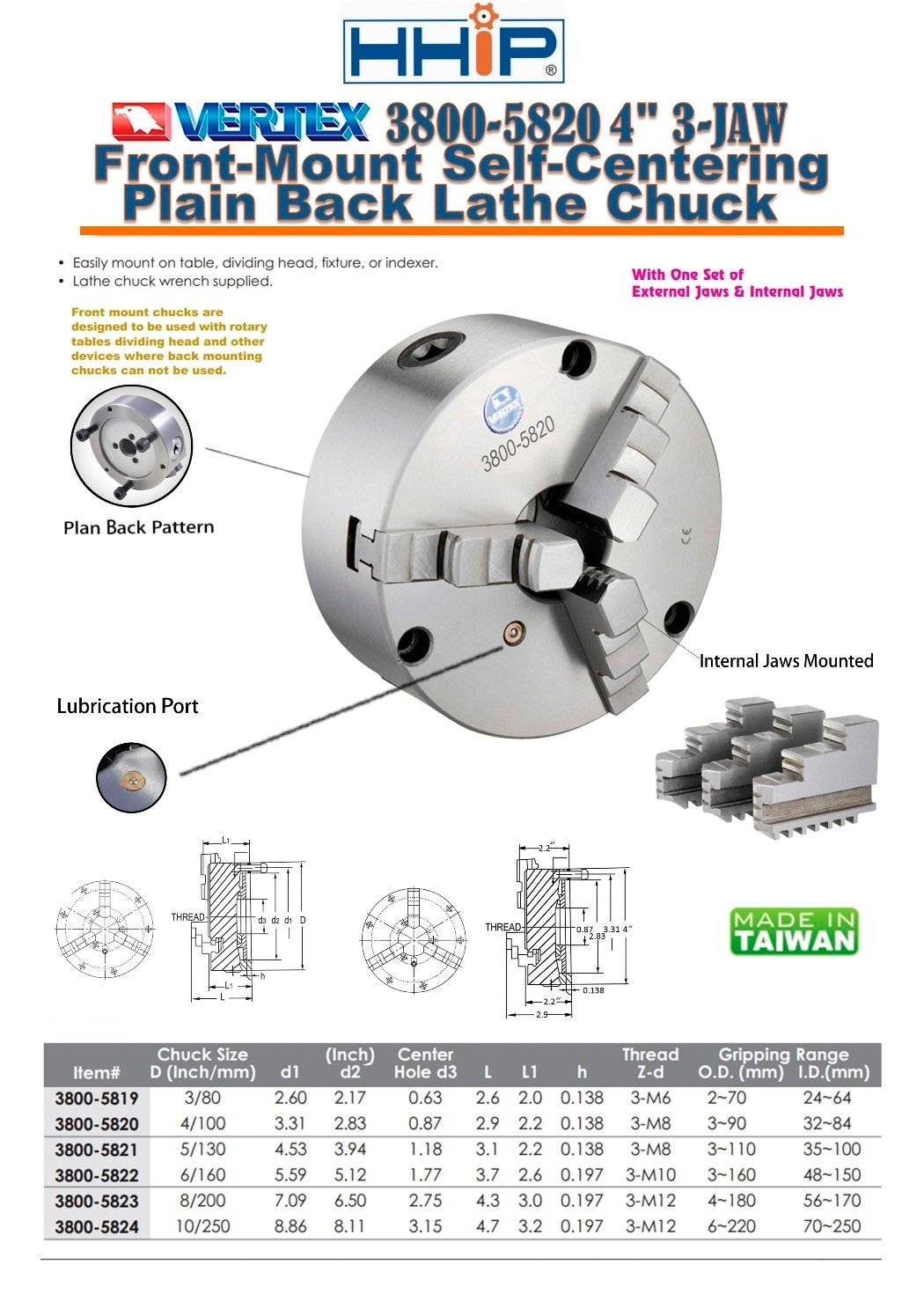 VERTEX 4" 3-JAW FRONT MOUNT LATHE CHUCK 2 SETS OF JAWS (3800-5820) - Image 3