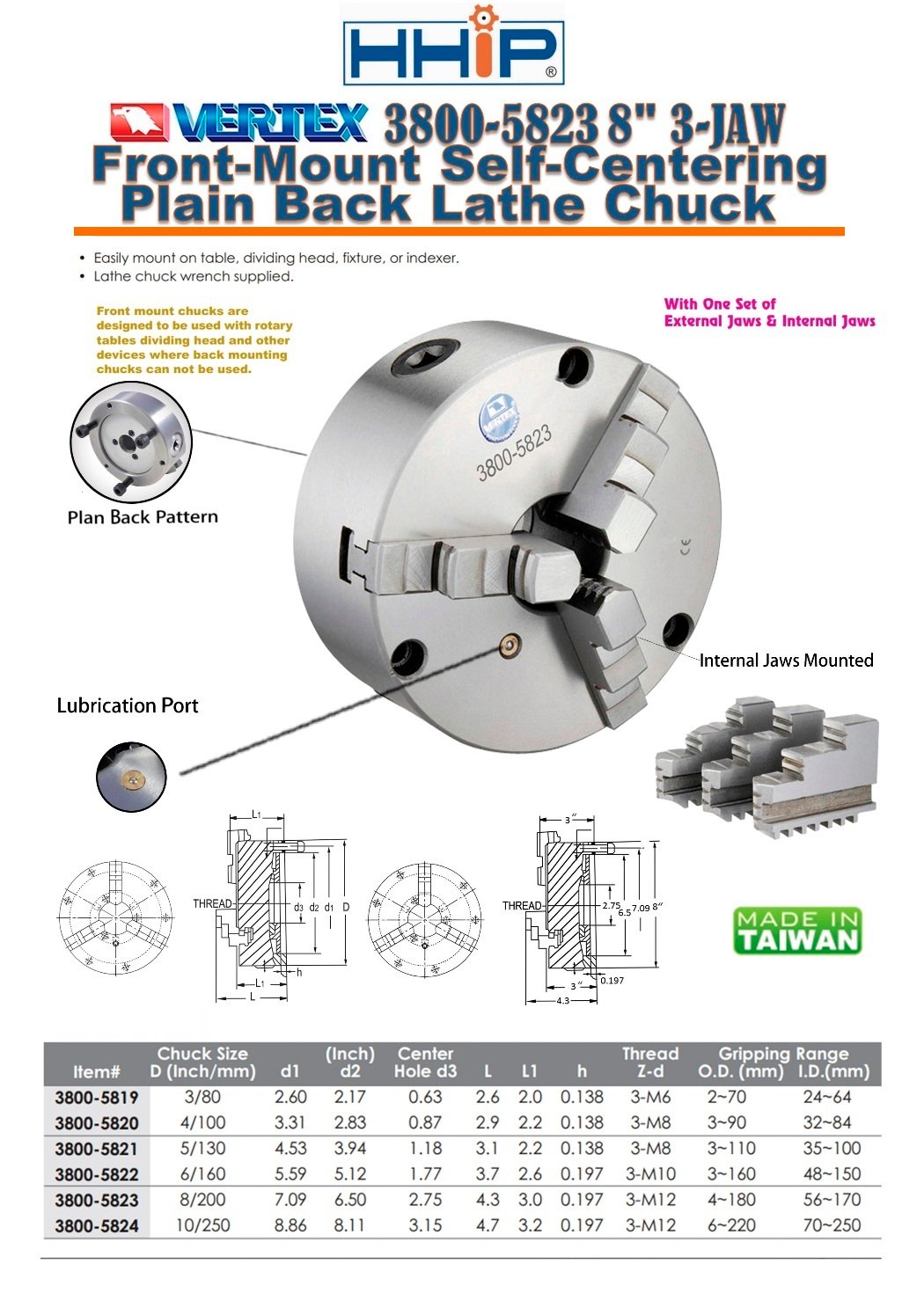 VERTEX 8" 3-JAW FRONT MOUNT LATHE CHUCK 2 SETS OF JAWS (3800-5823) - Image 3