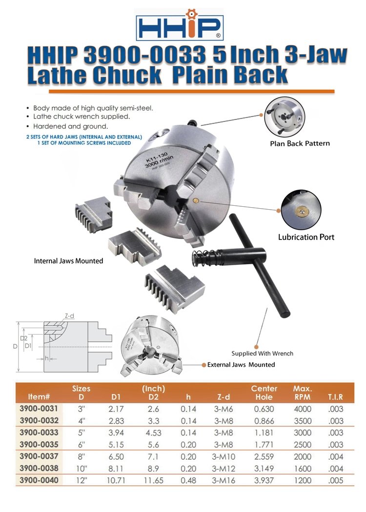 5" 3-JAW PLAIN BACK LATHE CHUCK (3900-0033) - Image 2