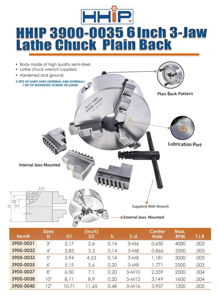 6" 3-JAW PLAIN BACK LATHE CHUCK (3900-0035) - Image 3