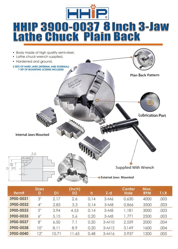 8" 3-JAW PLAIN BACK LATHE CHUCK (3900-0037) - Image 8