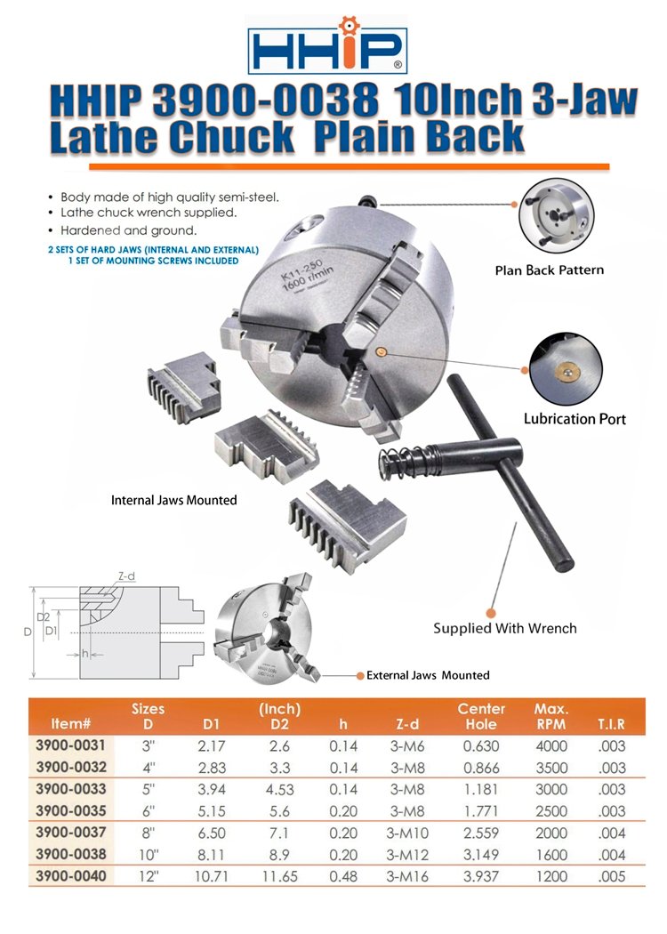 10" 3-JAW PLAIN BACK LATHE CHUCK (3900-0038) - Image 7