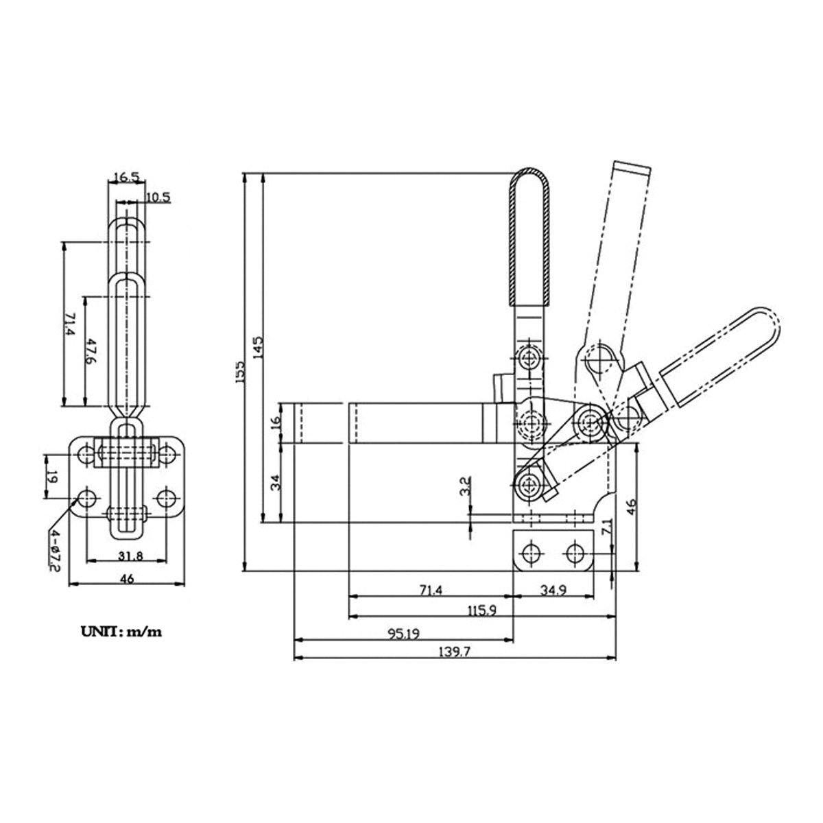 VERTICAL FLANGED BASE U-BAR TOGGLE CLAMP - 500 LBS HOLDING PRESSURE (3900-0344) - Image 2