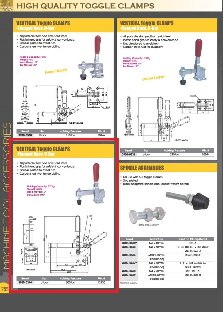 VERTICAL FLANGED BASE U-BAR TOGGLE CLAMP - 500 LBS HOLDING PRESSURE (3900-0344) - Image 3