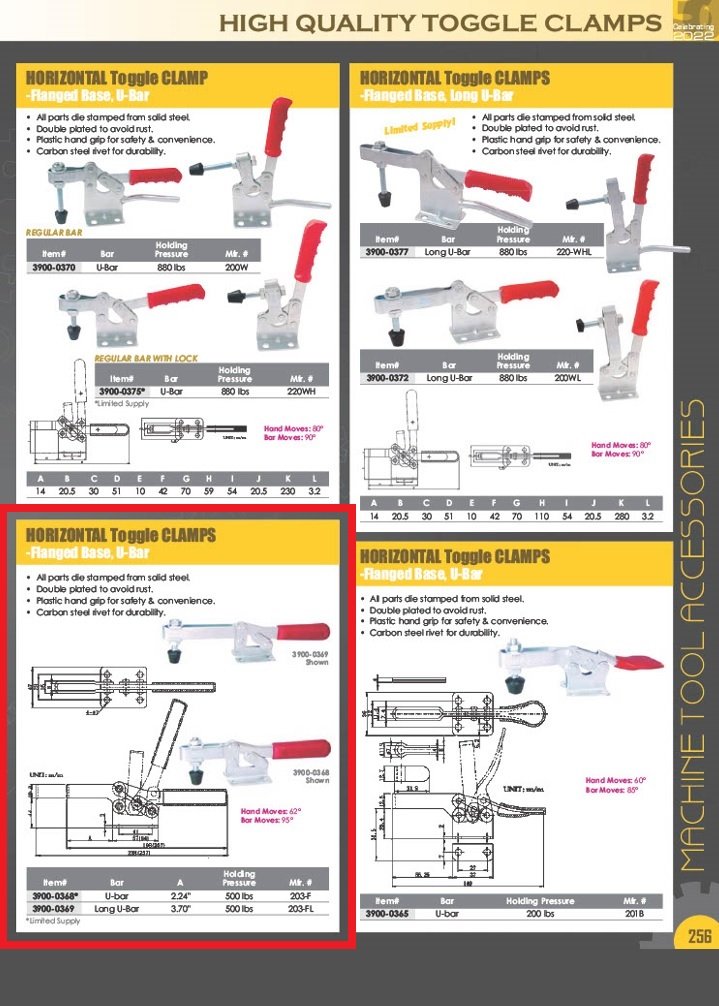 HORIZONTAL LONG U-BAR FLANGED BASE TOGGLE CLAMP 500 LBS CAPACITY (3900-0369) - Image 3