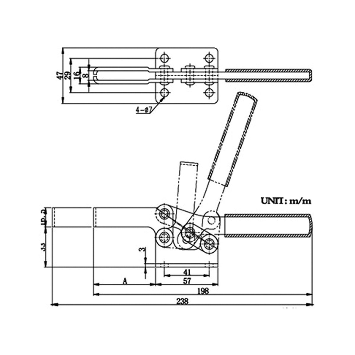 HORIZONTAL LONG U-BAR FLANGED BASE TOGGLE CLAMP 500 LBS CAPACITY (3900-0369) - Image 2