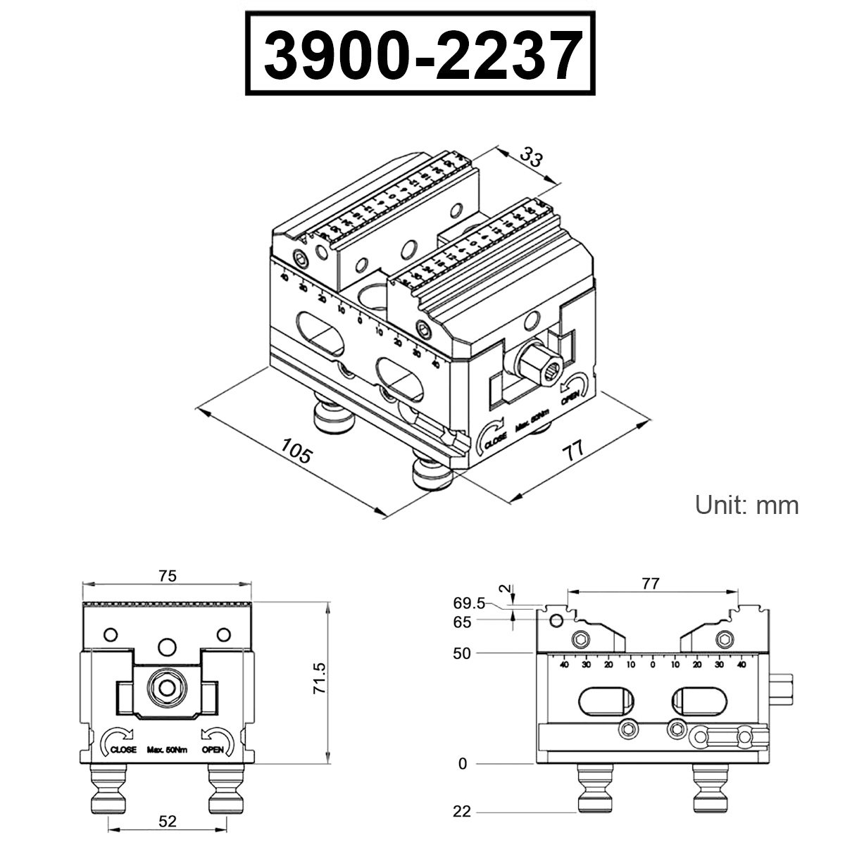 HHIP 5-AXIS SELF-CENTER CNC VISE REVERSE 75MM JAWS 52MM PIN SPACE (3900-2237) - Image 2