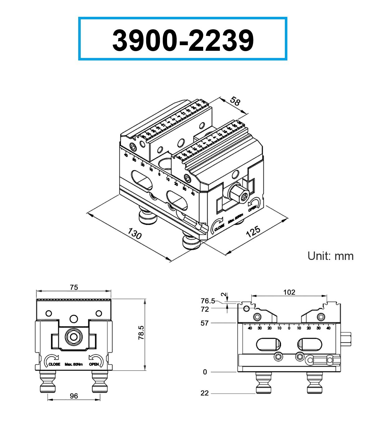 HHIP 5-AXIS SELF-CENTER CNC VISE REVERSE 75MM JAWS 96MM PIN SPACE (3900-2239) - Image 2