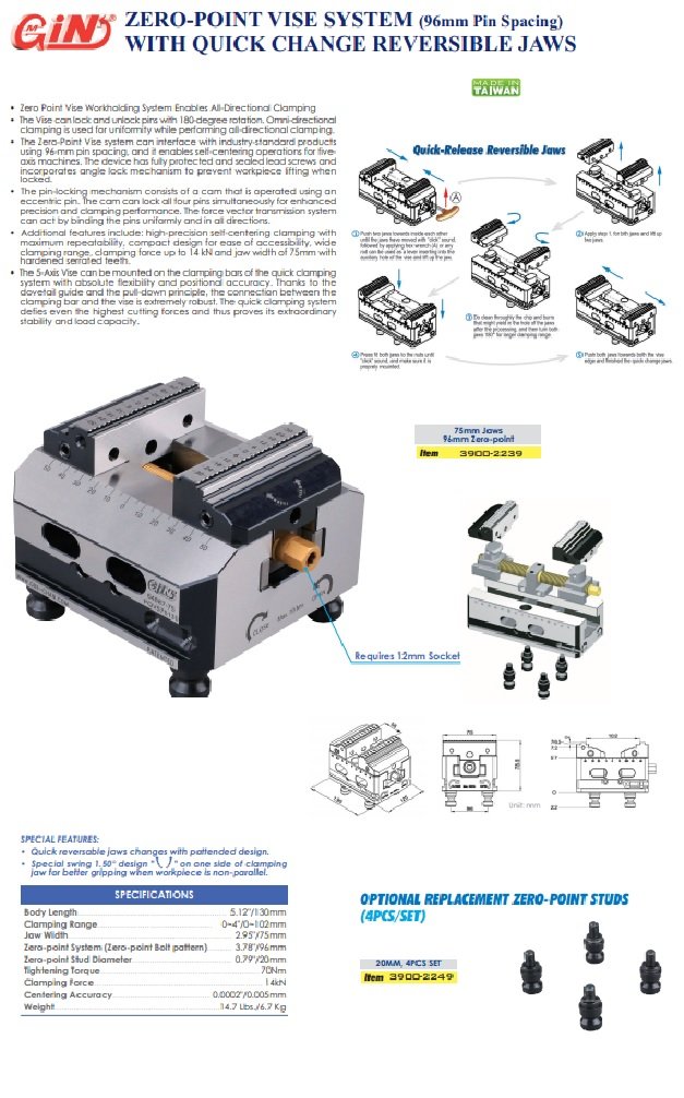 HHIP 5-AXIS SELF-CENTER CNC VISE REVERSE 75MM JAWS 96MM PIN SPACE (3900-2239) - Image 3