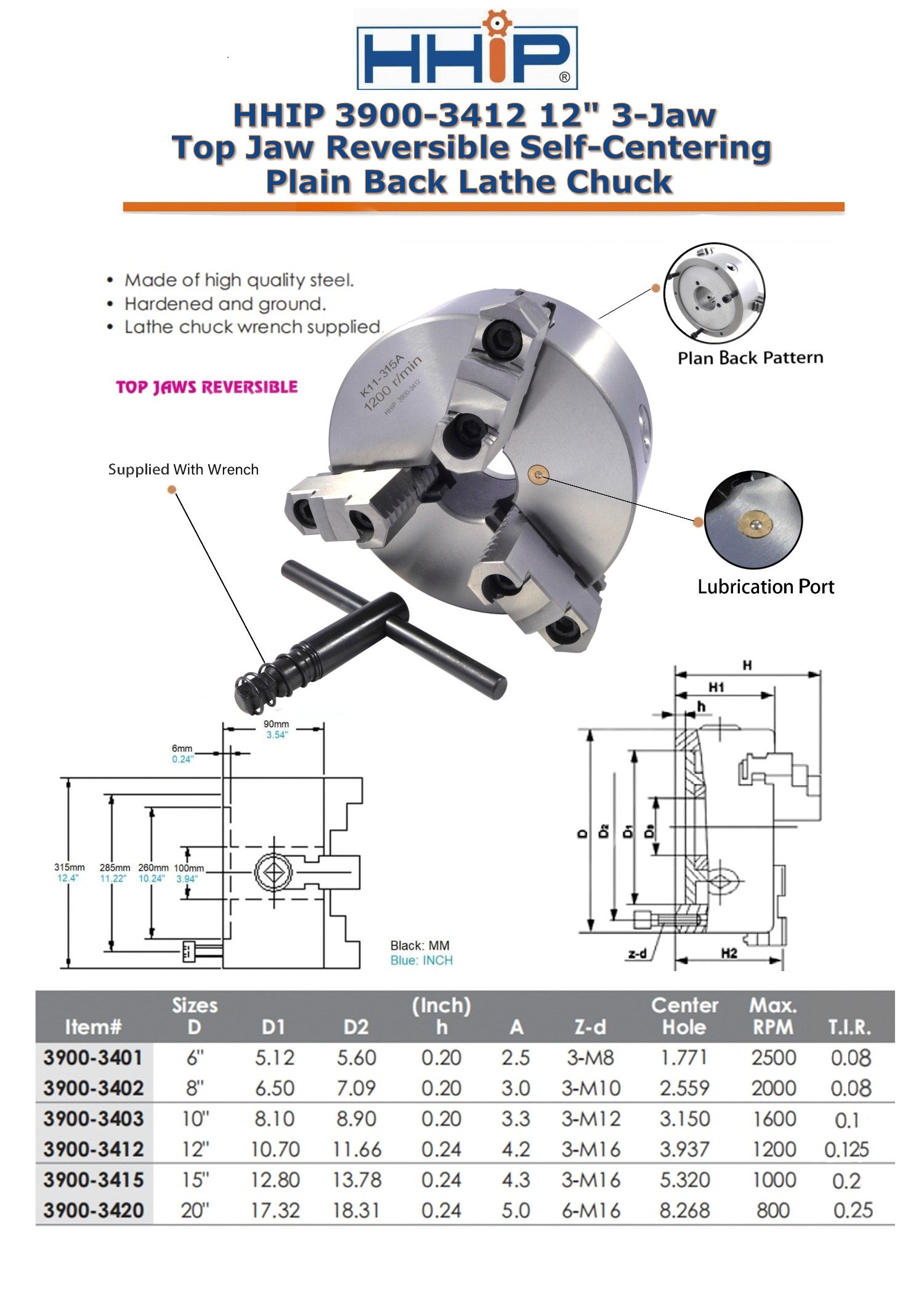 12" 3-JAW TOP REVERSIBLE SELF CENTERING PLAIN BACK LATHE CHUCK (3900-3412) - Image 3