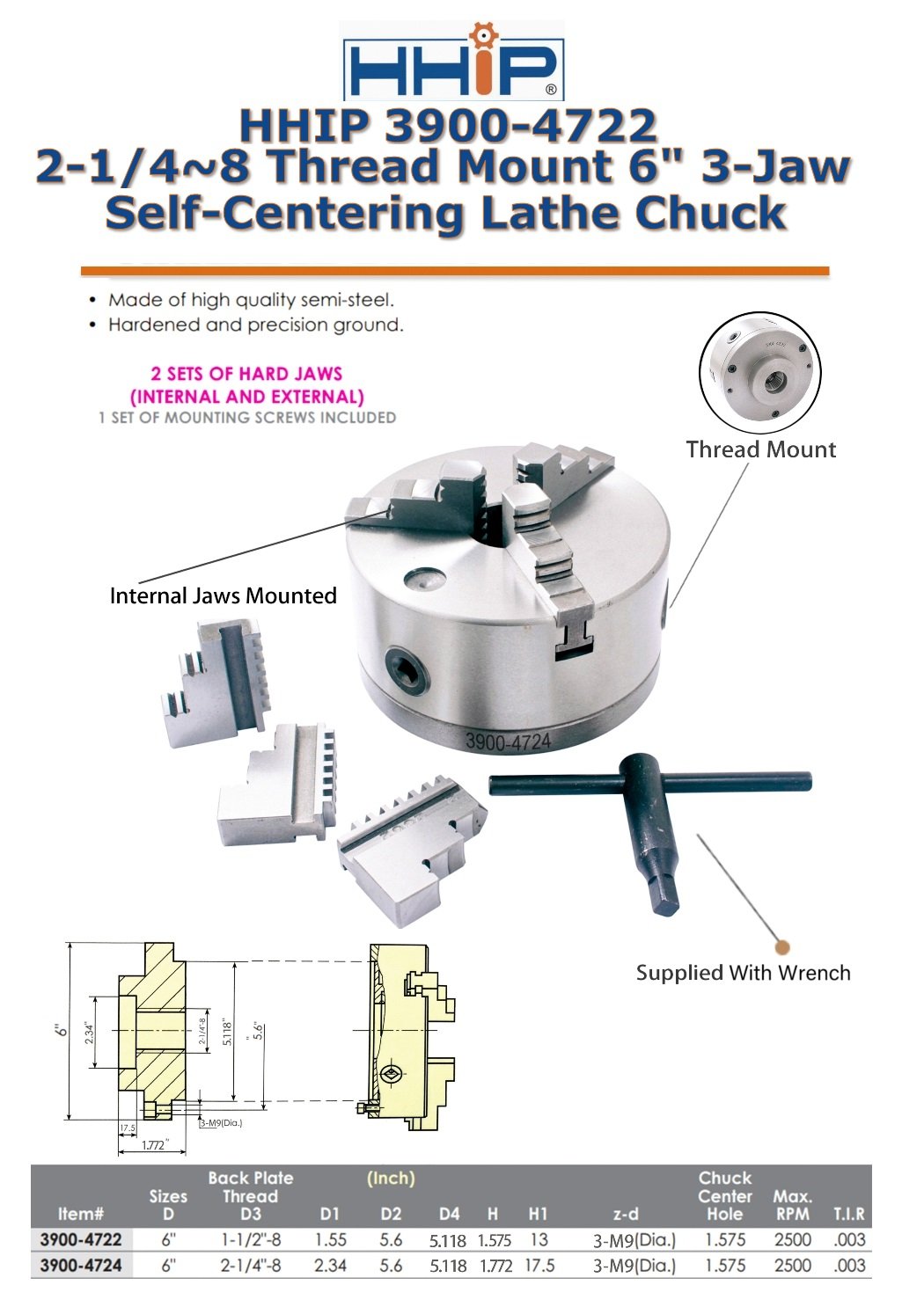 THREAD (2-1/4-8 IN) MOUNT 6 INCH 3-JAW LATHE CHUCK (3900-4724) - Image 3