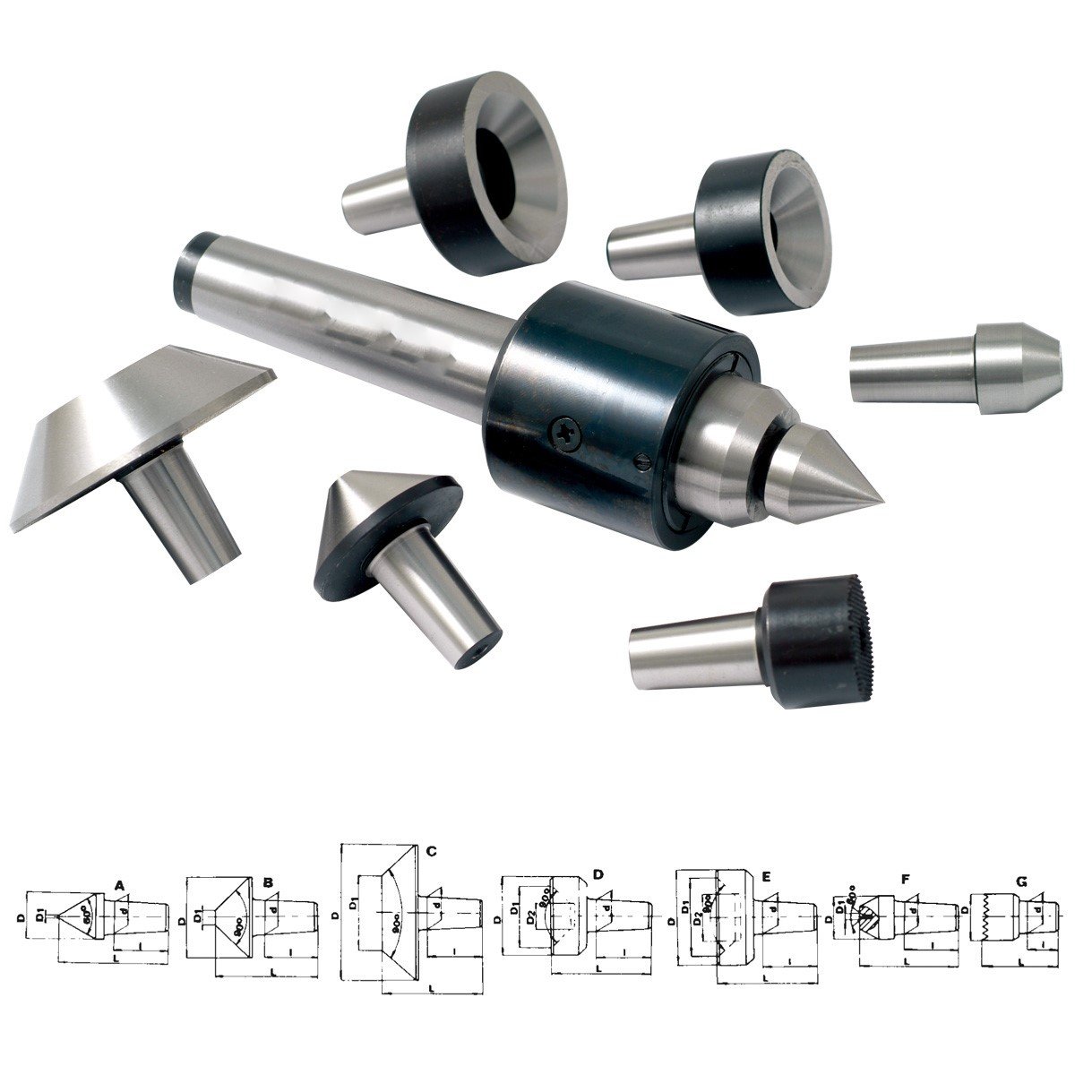 MT2 7 PIECE INTERCHANGEABLE BULL NOSE LIVE CENTER SET (3900-5052)