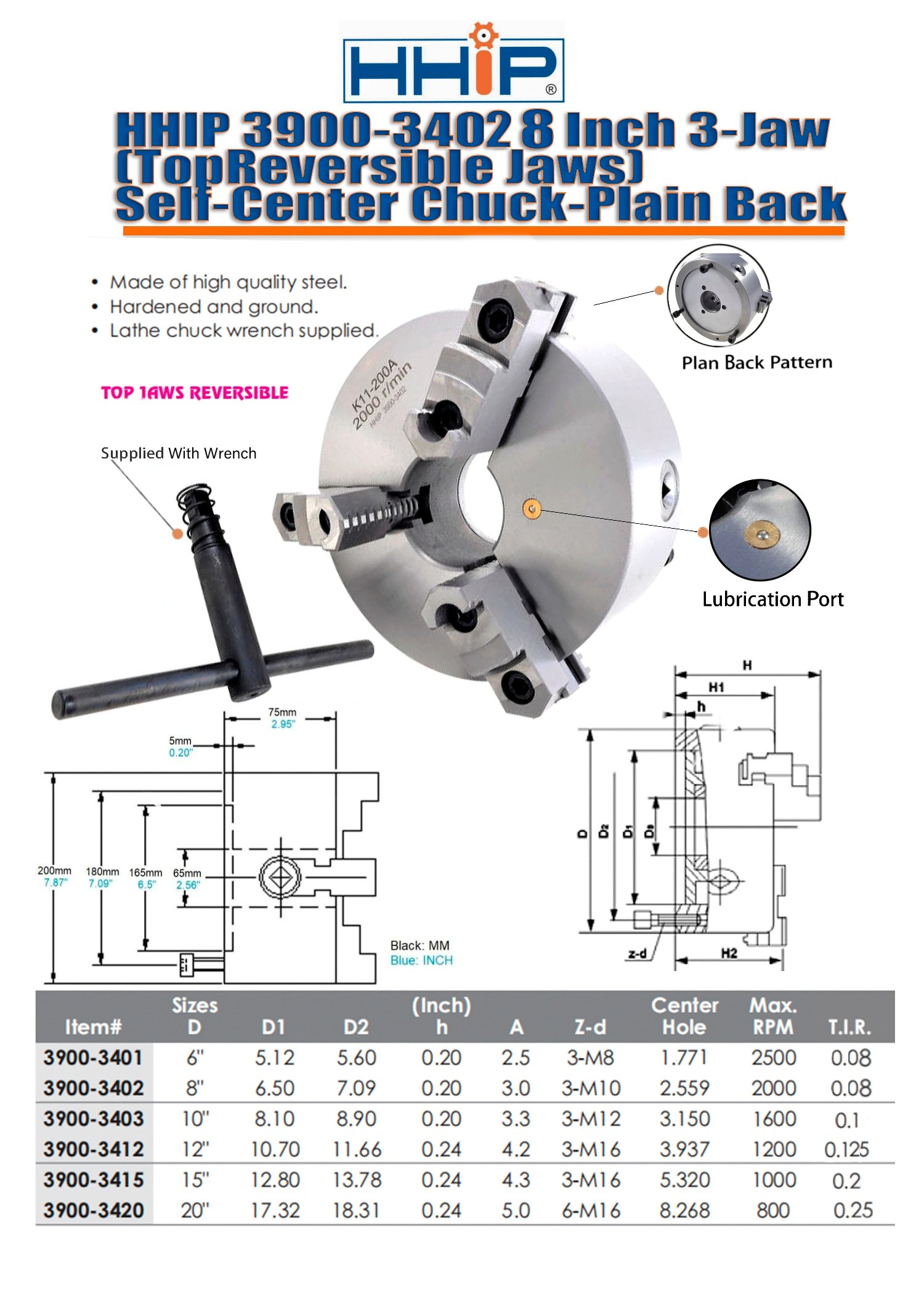 8" 3 JAW TOP REVERSIBLE SELF CENTERING PLAIN BACK LATHE CHUCK (3900-3402) - Image 3