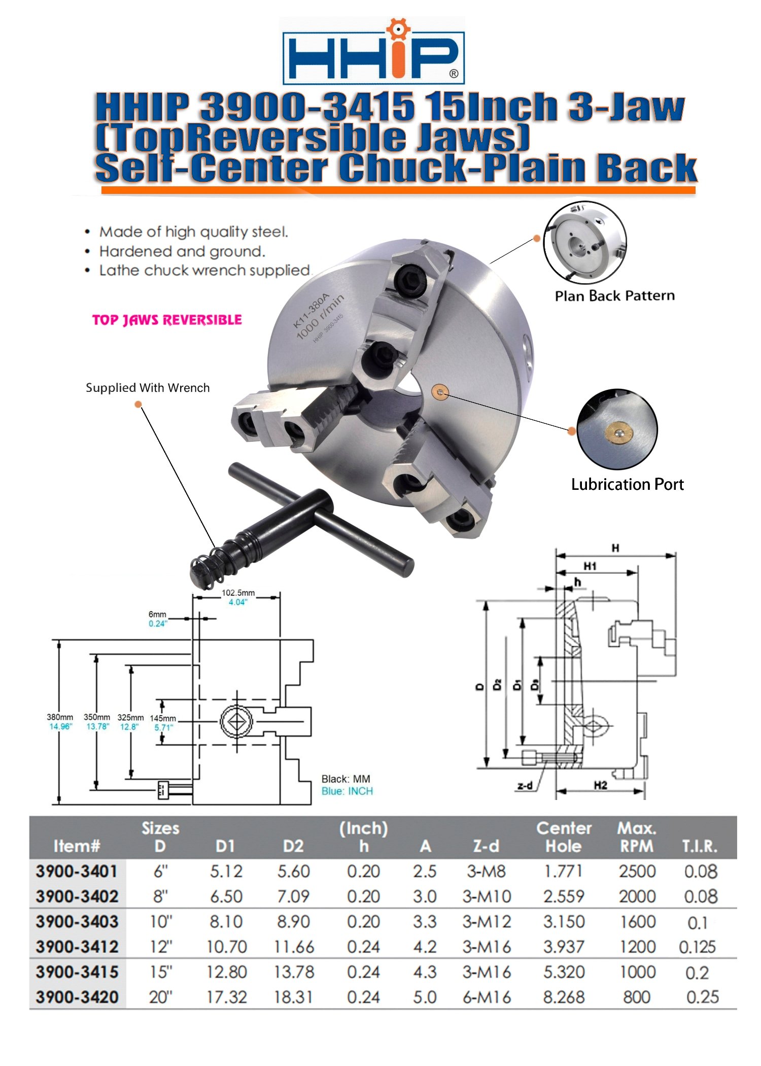 15" 3 JAW TOP REVERSIBLE SELF CENTERING PLAIN BACK LATHE CHUCK (3900-3415) - Image 3