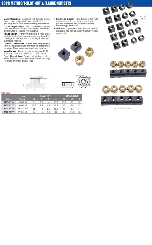 HHIP M12 X 1.75 20 PIECE T-NUT & FLANGE NUT SET (3903-1279) - Image 3