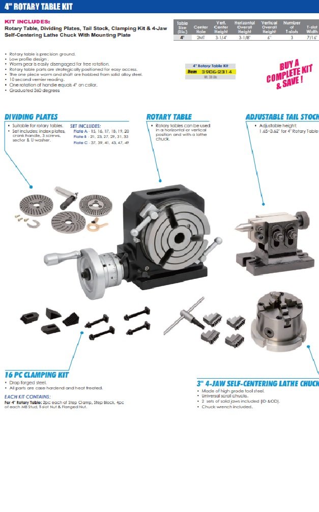 HHIP 4" H/V ROTARY TABLE-TAILSTOCK-DIVIDING PLATES & CHUCK SET (3906-2314) - Image 2