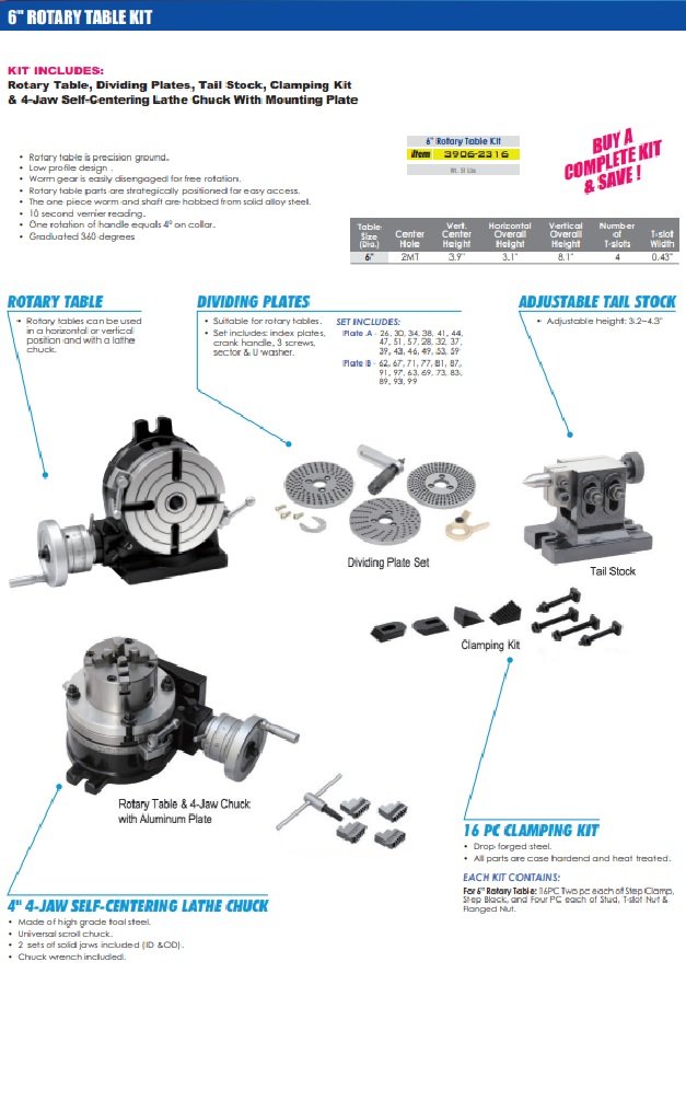 6" ROTARY TABLE TAILSTOCK DIVIDING PLATES LATHE CHUCK & CLAMPING KIT (3906-2316)
