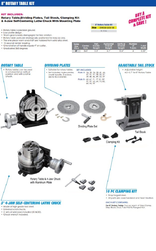3906-2318 8" ROTARY TABLE TAILSTOCK DIVIDING PLATES LATHE CHUCK & CLAMPING KIT