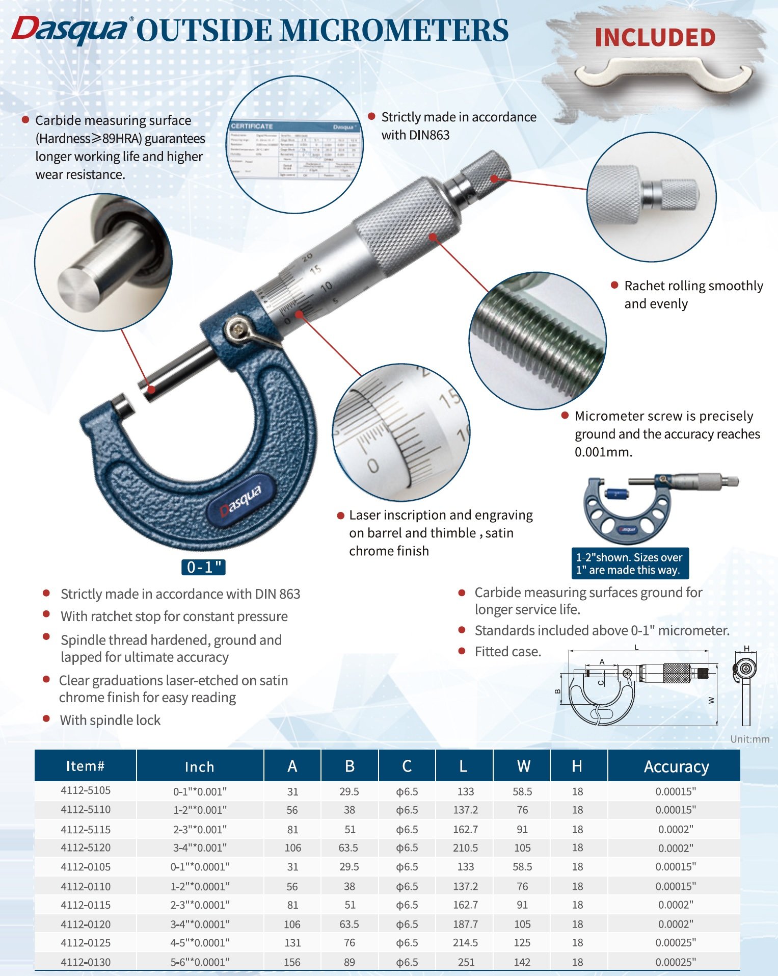 DASQUA 0-1 INCH OUTSIDE MICROMETER (4112-5105) - Image 7