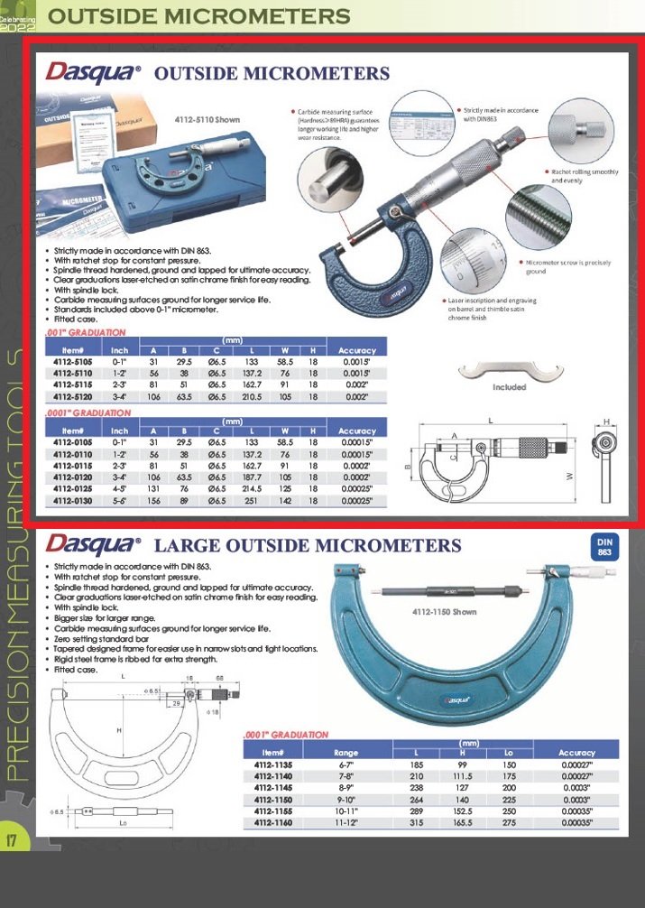 DASQUA 3-4 INCH OUTSIDE MICROMETER 0.0001 (4112-0120) - Image 8