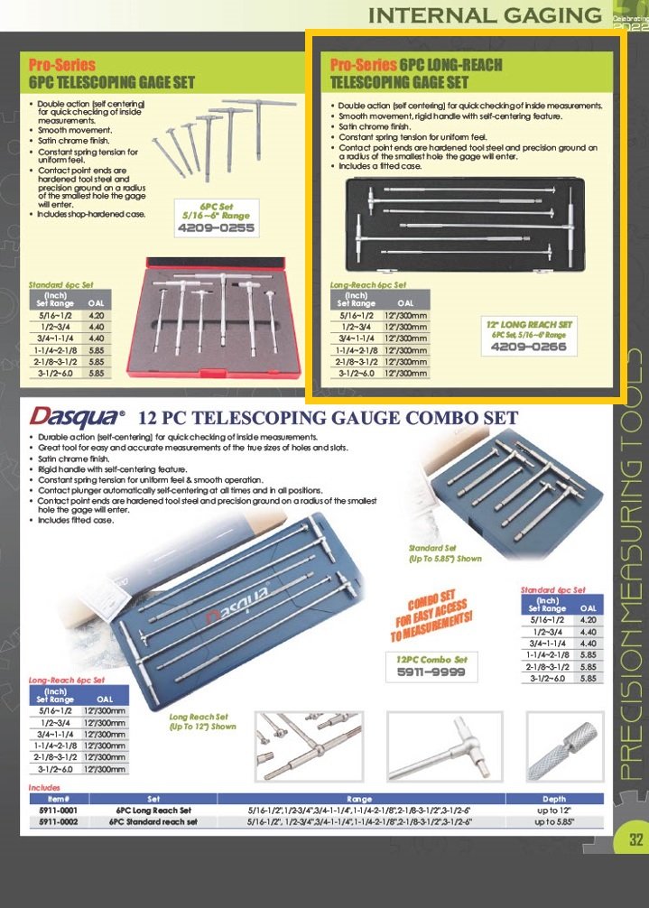 DASQUA 6 PIECE (5/16 TO 6 INCH) 12 INCH TELESCOPING GAGE SET*can also use 5911-0001* (4209-0266) - Image 11