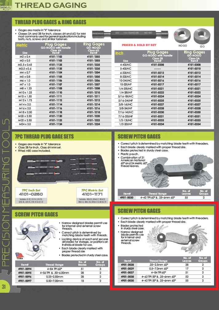 52 PIECE 4-62 TPI 55 DEGREE & .25-6MM 60 DEGREE SCREW PITCH GAGE (4901-0038) - Image 3