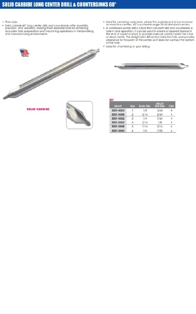 USA MADE #1 X 4" CARBIDE CENTER DRILL & COUNTERSINK (5001-0025) - Image 6