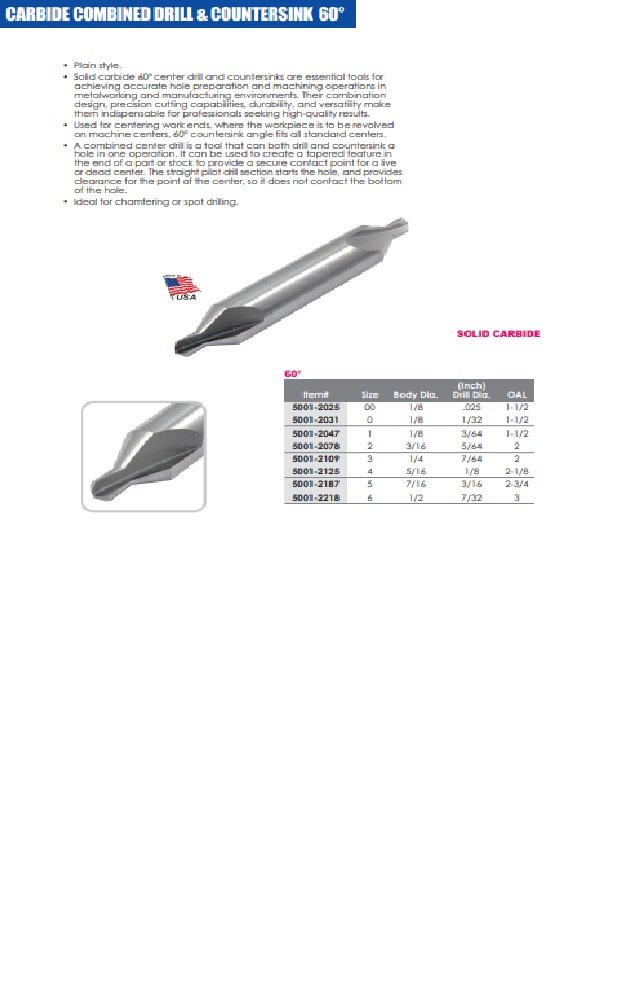 USA MADE #1 X 1-1/2 CARBIDE COMBINED DRILL & COUNTERSINK (5001-2047) - Image 6