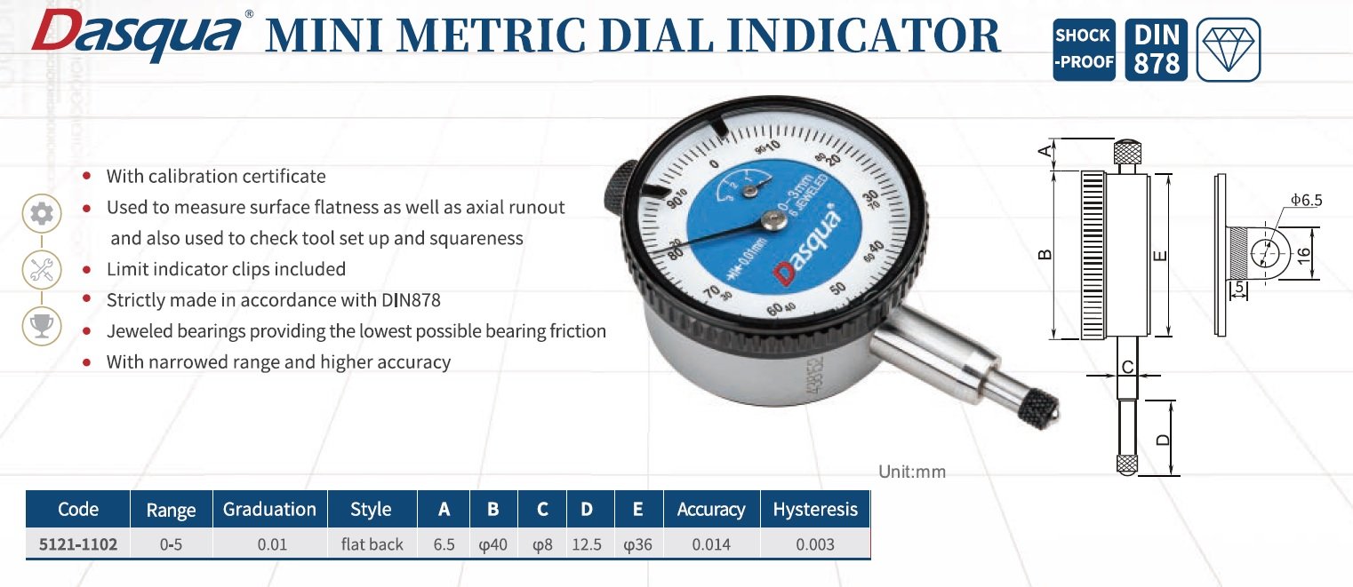 DASQUA 0-5MM FLAT BACK MINI METRIC DIAL INDICATOR (5121-1102) - Image 2