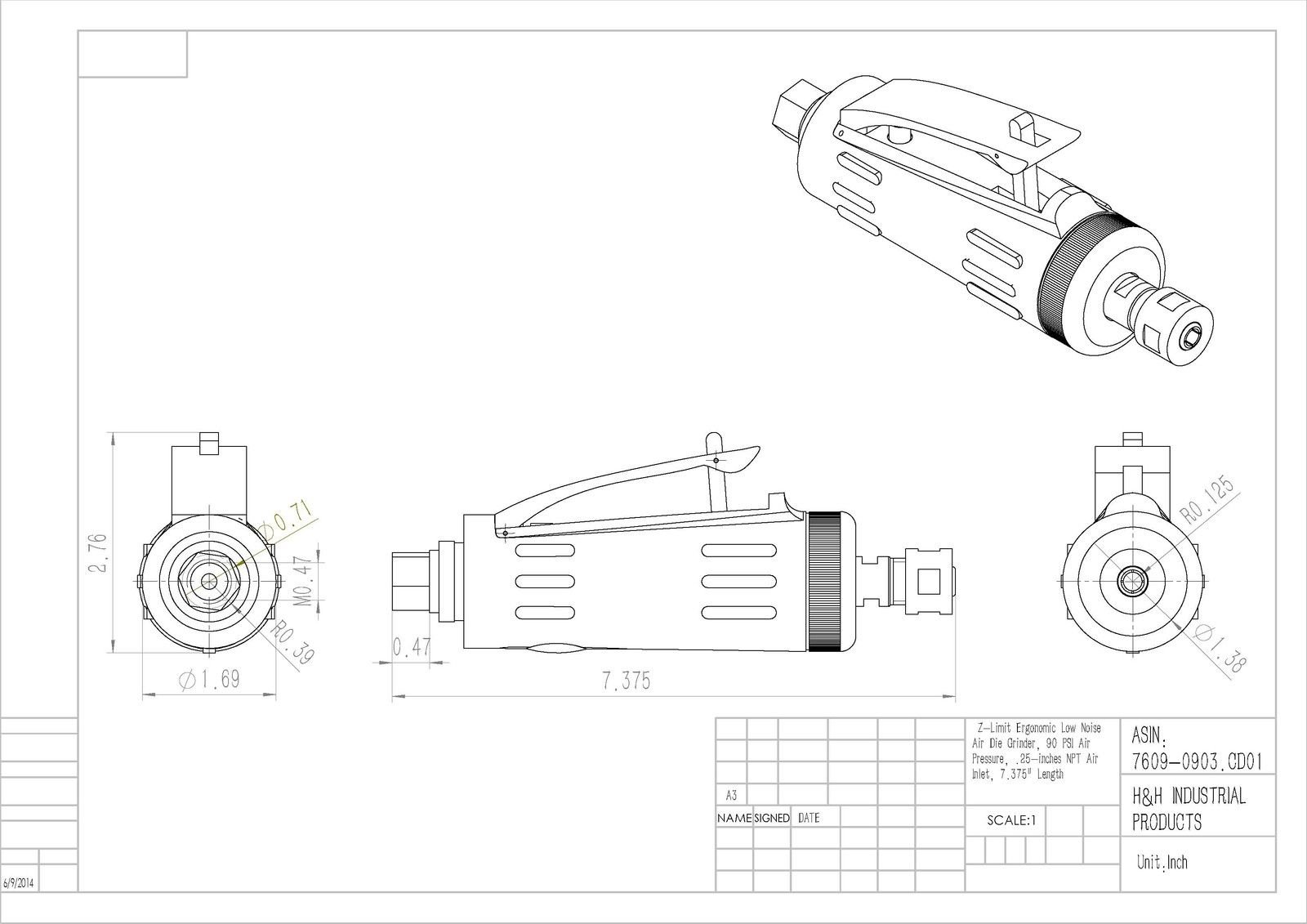 Z-LIMIT 1/4" AIR DIE GRINDER (7609-0903) - Image 2