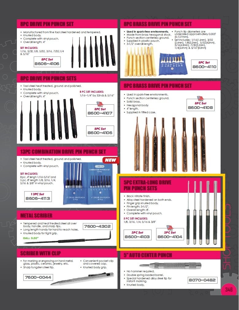 5 PIECE EXTRA LONG DRIVE PIN PUNCH SET USA MADE (8600-4104) - Image 5